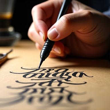 Mano di un artista calligrafo che disegna su carta pergamena, rappresentando la creazione del bozzetto unico.