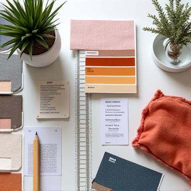 Moodboard con campioni di tessuto, colori e schizzi di design, simboleggiando la fase di consultazione iniziale.